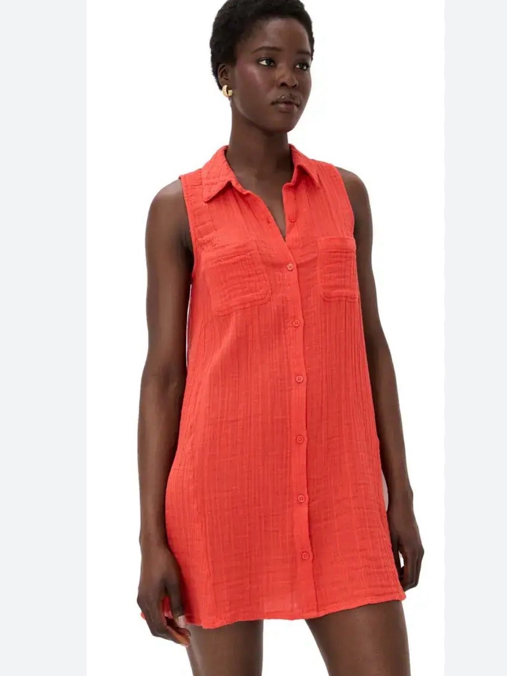 NWT Z Supply $79 Gauze Button Down Mini Dress Cabana Red Sleeveless Large pocket